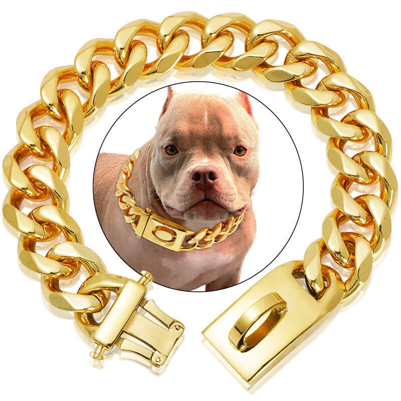 Heavy Duty Gold Dog Collar With Solid Buckle, 304 Stainless Steel Cuban Link Chain, Luxury Metal Pets Walking Collar, Choker Zozostore