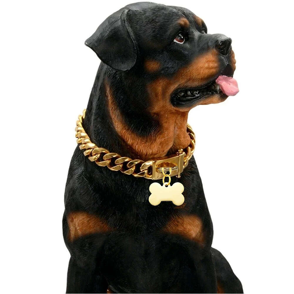 Gold Dog Collar Stainless Steel Cuban Link Chain With Bone ID Tag, Luxury Pet Necklace, Small Medium Large Dogs Usage Zozostore