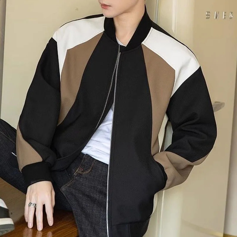 Spring and Autumn Fashion Trend High End Wrinkle Resistant Panel Contrast Loose Versatile Casual Round Neck Mens Baseball Coat 240814