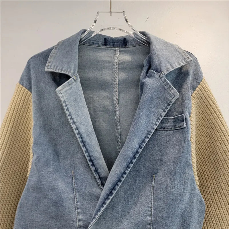 GetSpring Women Denim Jacket 2024 Autumn Suit Collar Knitted Sleeve Stitched Short Denim Coat Fashion All Match Blue Jean Tops 240814