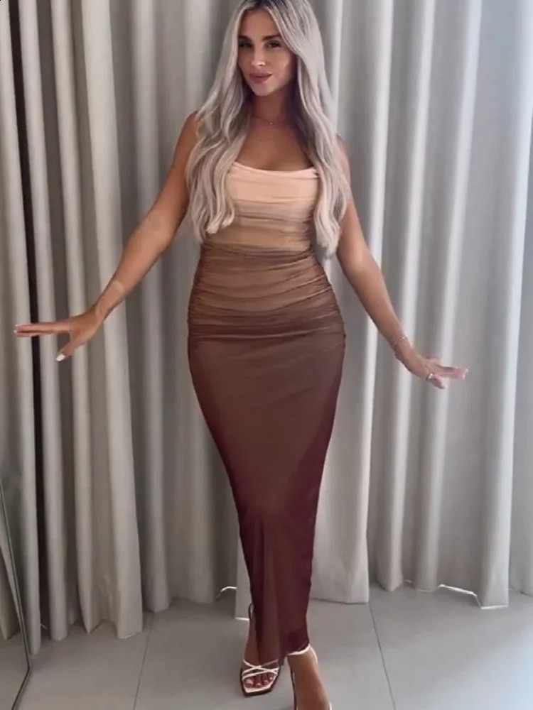 Gradient Print Tulle Beach Dress Women Summer Sleeveless Strap Pleated Midi Dresses Female Elegant Party Evening Vestido 240815