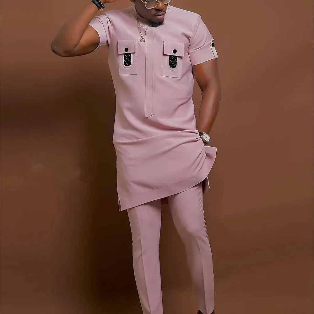 Summer African Men Clothing Suit Dashiki Male Outfits 2PCS Set Solid Color Stitching Short Sleeve Top and Pants Party Business 240814