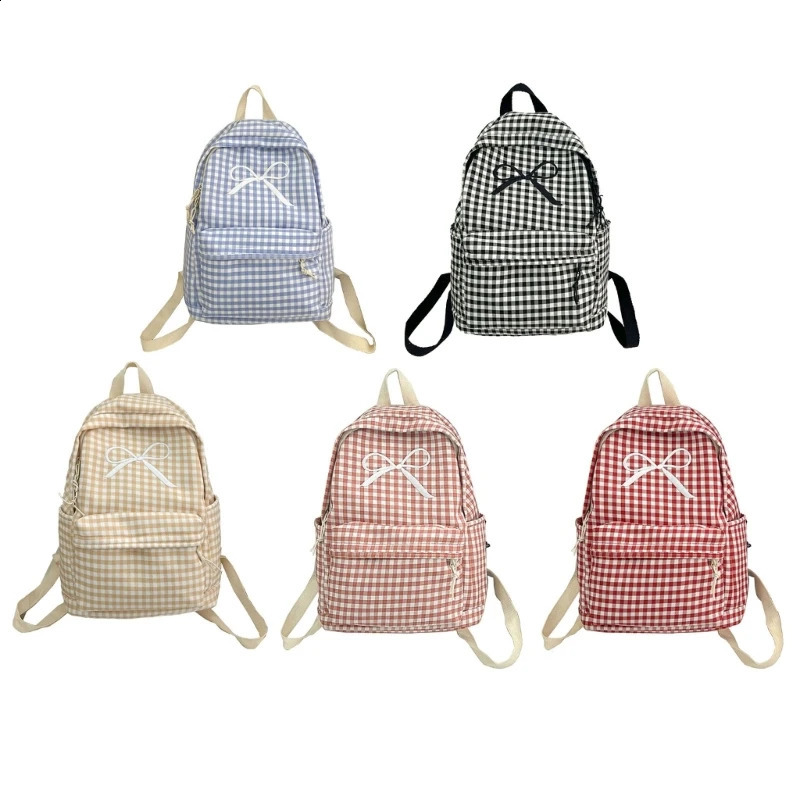E74B Japanese Style Women Checkered Pattern Backpack Large Capacity Cute Bowknot School Bag Book Bag for Everyday Use 240813