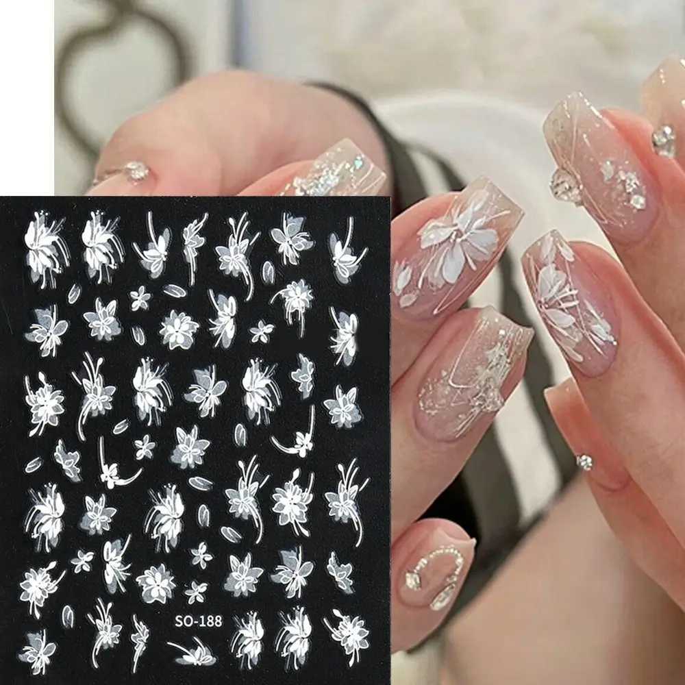 Black White Flower Nail Art Stickers 3D Charm Simple Floral Petal Nail Decoration Adhesive Slider Decals DIY Manicure DecorXJ240814