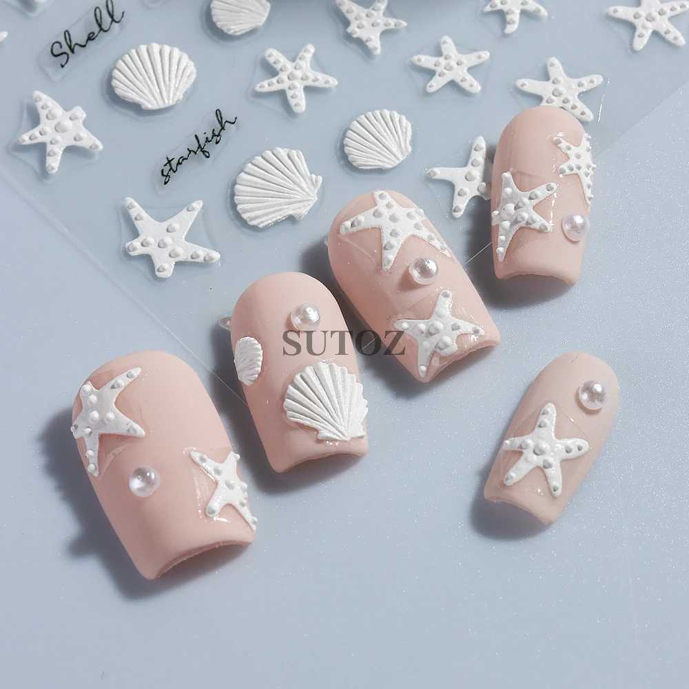 5D Embossed Summer Ocean Nail Stickers White Blue Starfish Shells Letter Sea World Design Self-Adhesive Manicure Deco GLJI-5D120XJ240814