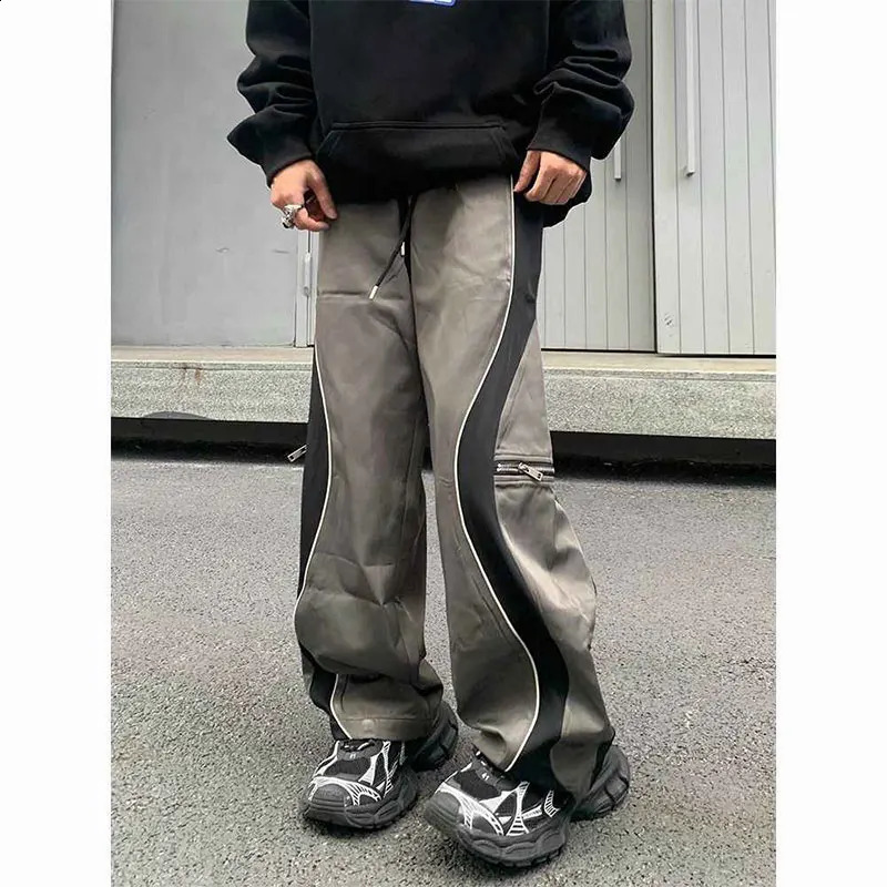 Elegant Fashion Harajuku Slim Fit Ropa Hombre Loose All Match Sport Casual Pants Contrasting Colors Patchwork Pockets Trousers 240814