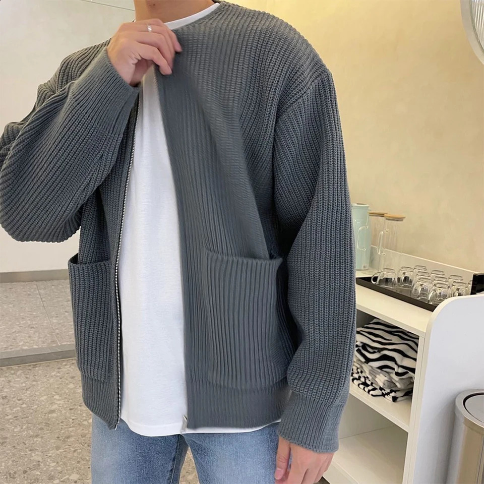 Men Zip Up Knitted Cardigan Lined Funnel Neck Jumper Sweater W Pockets Coat All Seasons Comfortable Soft Long Sleeve 240816