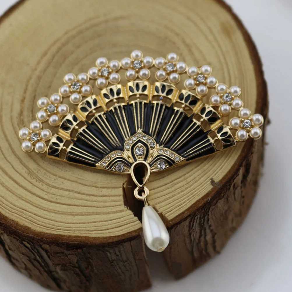 2 Pin Badges Christmas Party Brooch Blue and Black Fan Rhinestone Retro W240815
