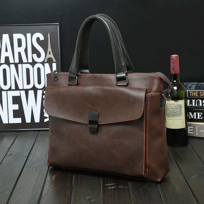 Vintage MenS Briefcase Crazy Horse PU Leather Executive Laptop Executive Handbag Tote Messenger Business Portfolio Side Bag 240813