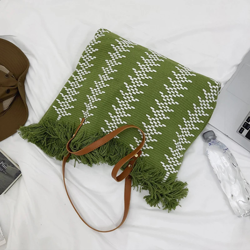 Fashion Tassel Tote Bag Woven Canvas Embroidered Handbag Womens Large Capacity Shoulder 240814