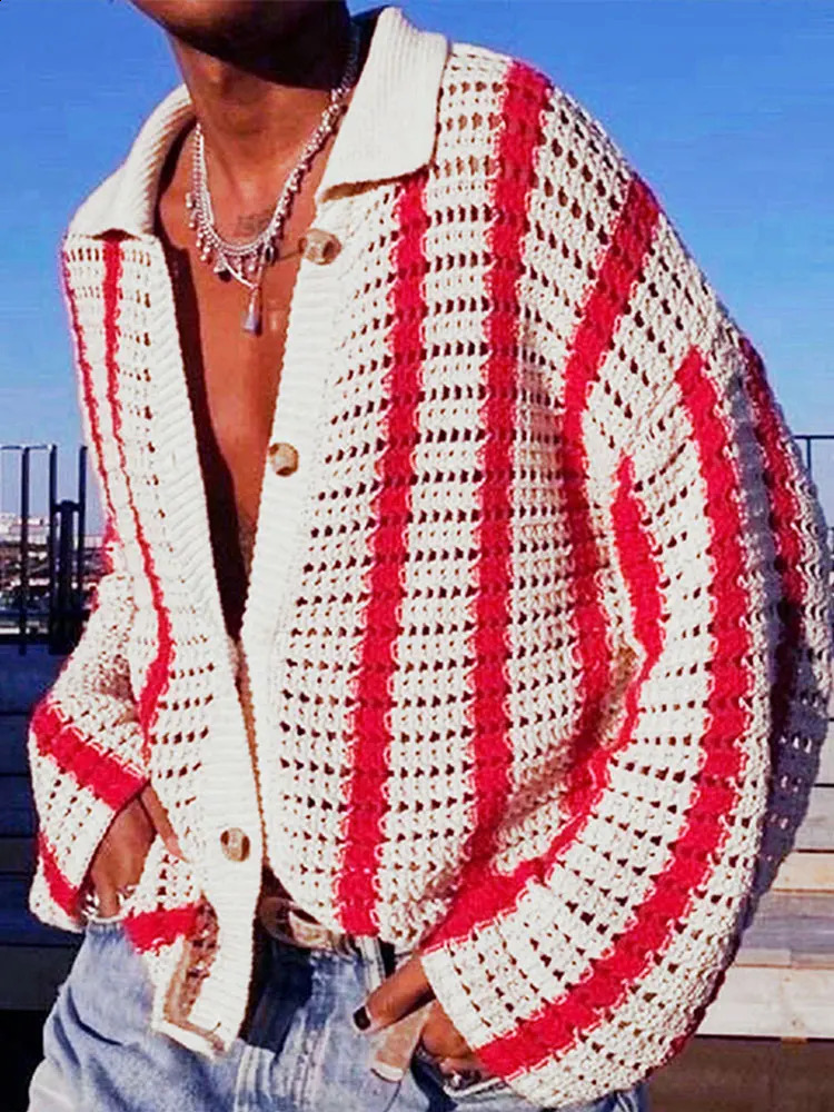Fashion Hollow Out Knitted Sweater Male Beach See Through Striped Cardigan Sweater 2024 Trendy Long Sleeve Lapel Loose Knit Top 240814
