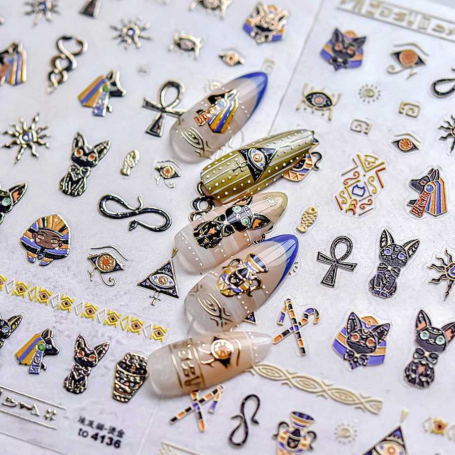 Retro Noble Mysterious Egyptian Cat Totem Hot Stamping Black Pharaoh Kitty Paw Embossed Reliefs Nail Art Sticker Manicure DecalsXJ240814