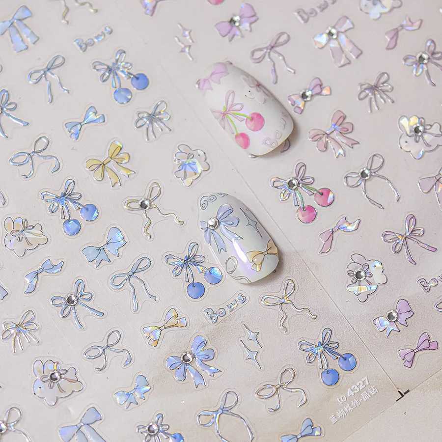 Colored Cherry Rabbit Rhinestone Love Heart Bowknot Strawberry Ribbon Flower Pearl Nail Art Decoration Sticker Manicure DecalXJ240814
