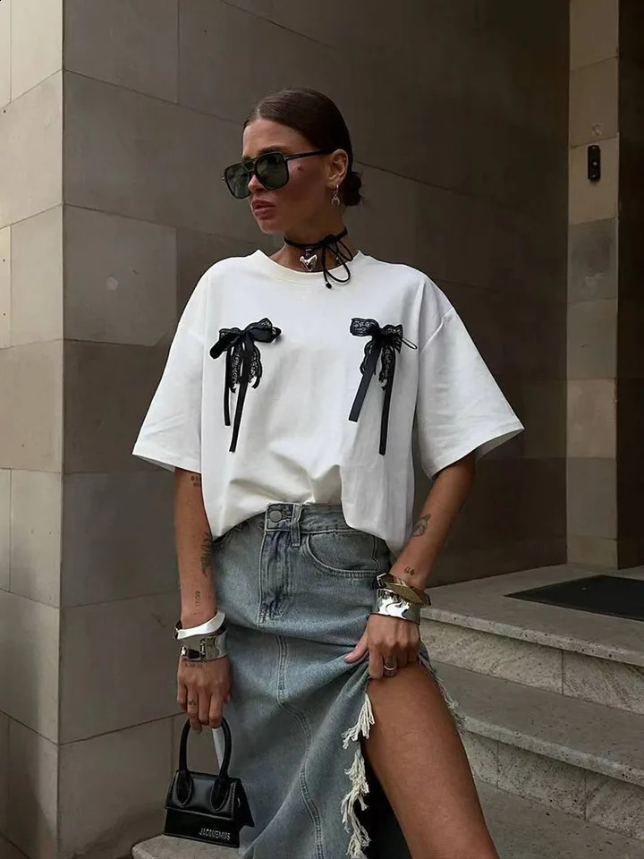 Cotton medium length summer Tshirt streetwear plus size Harajuku BF loose white printed short sleeved 240814
