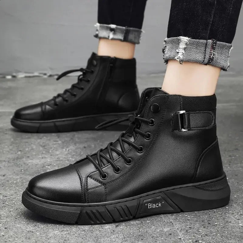 Ankle Boots Black PU Leather Mens Sports Shoes Autumn Winter Comfortable High-top Casual Fashion Platform Boots Man Round Head 240828