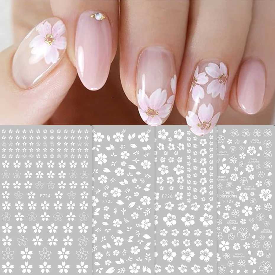 4pcs Sakura Flower 3D Nail Stickers White Cherry Blossom Nail Art Decals Spring Summer Adhesive Slider Decor Wedding ManicureXJ240814