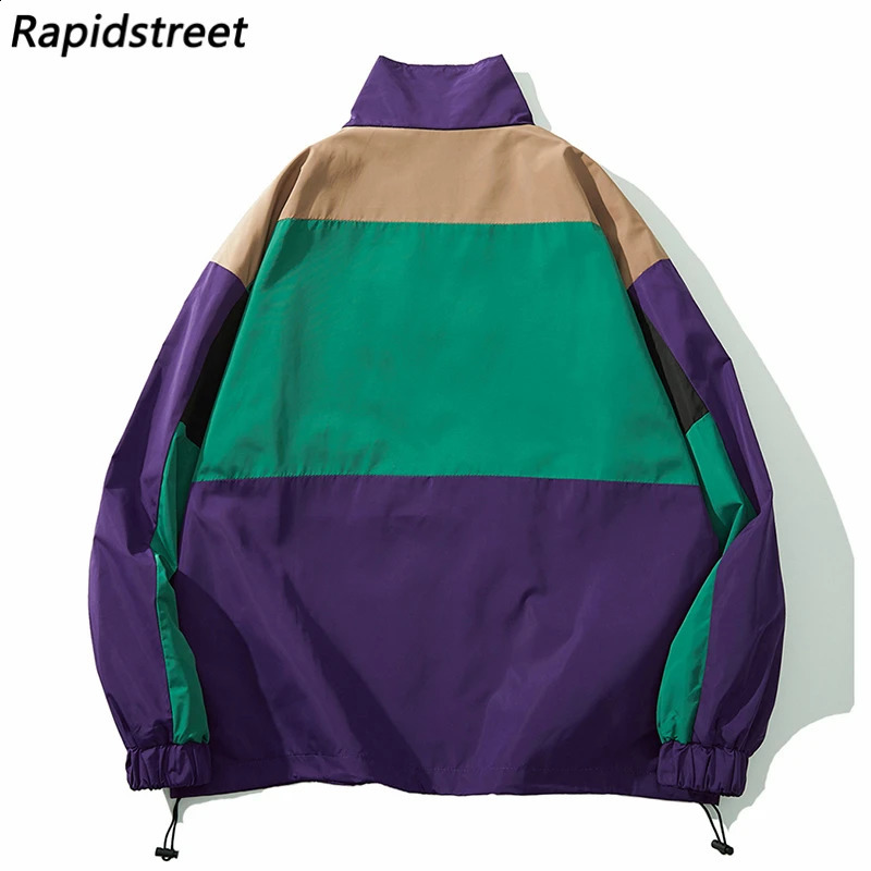 Hip Hop Streetwear Jacket WindBreaker Retro Color Block Patchwork Track Jacket Coat Men Harajuku Cotton Loose Jacket 240815