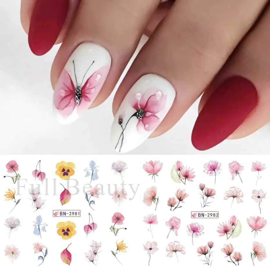 12pc Spring Flowers Nail Sticker Ink Blooming Floral Design Simple Flower Leaves Water Decals Watercolor Sliders for Nails DecorXJ240814