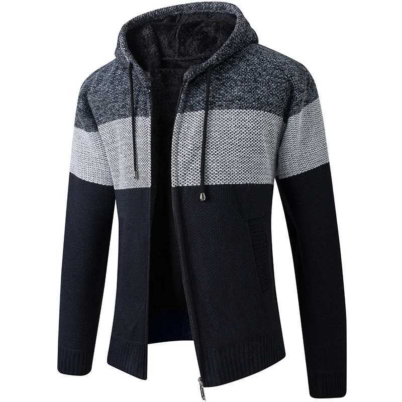 Plus velvet padded autumn and winter mens knitted cardigan sweater mens color matching hooded Korean sweaterXJ240814