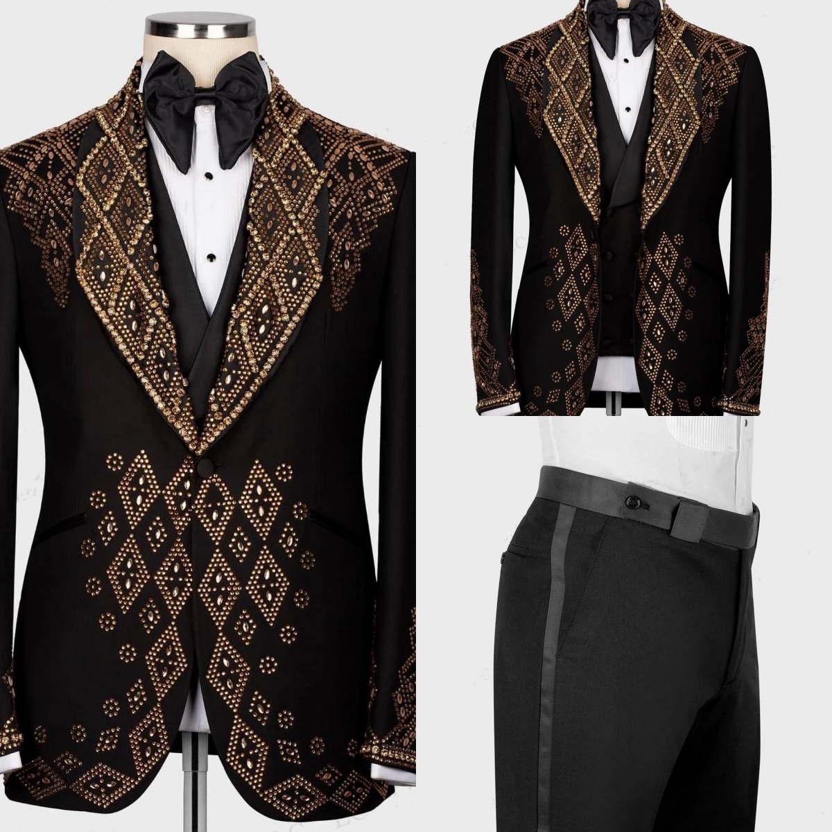 Men's Wedding Suit Modern Shawl Lapel Tailored Blazers 3 Pieces Set Rhinestone Beaded Groom Jacket For Man Custom Made Coat (Jacket+Pants+Vest)