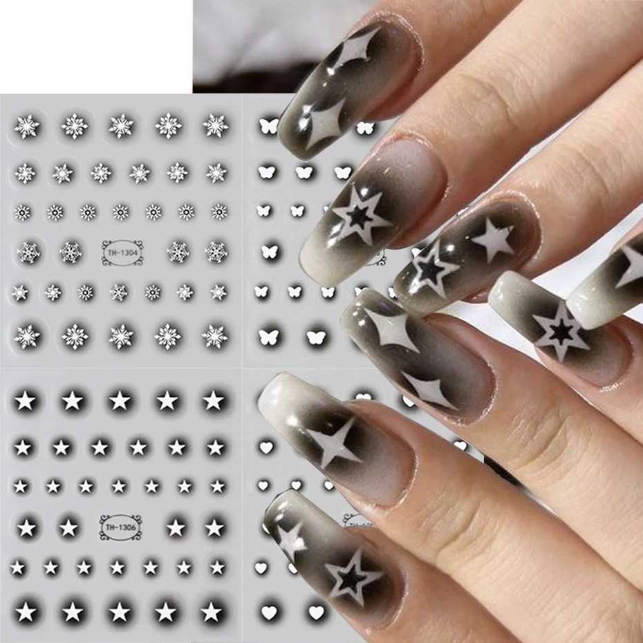 4 in 1 Black Stars Heart Nail Stickers Blooming Gradient Hollow Starlight Hexagram Snowflake Butterfly Y2K Style Manicure DecalXJ240814