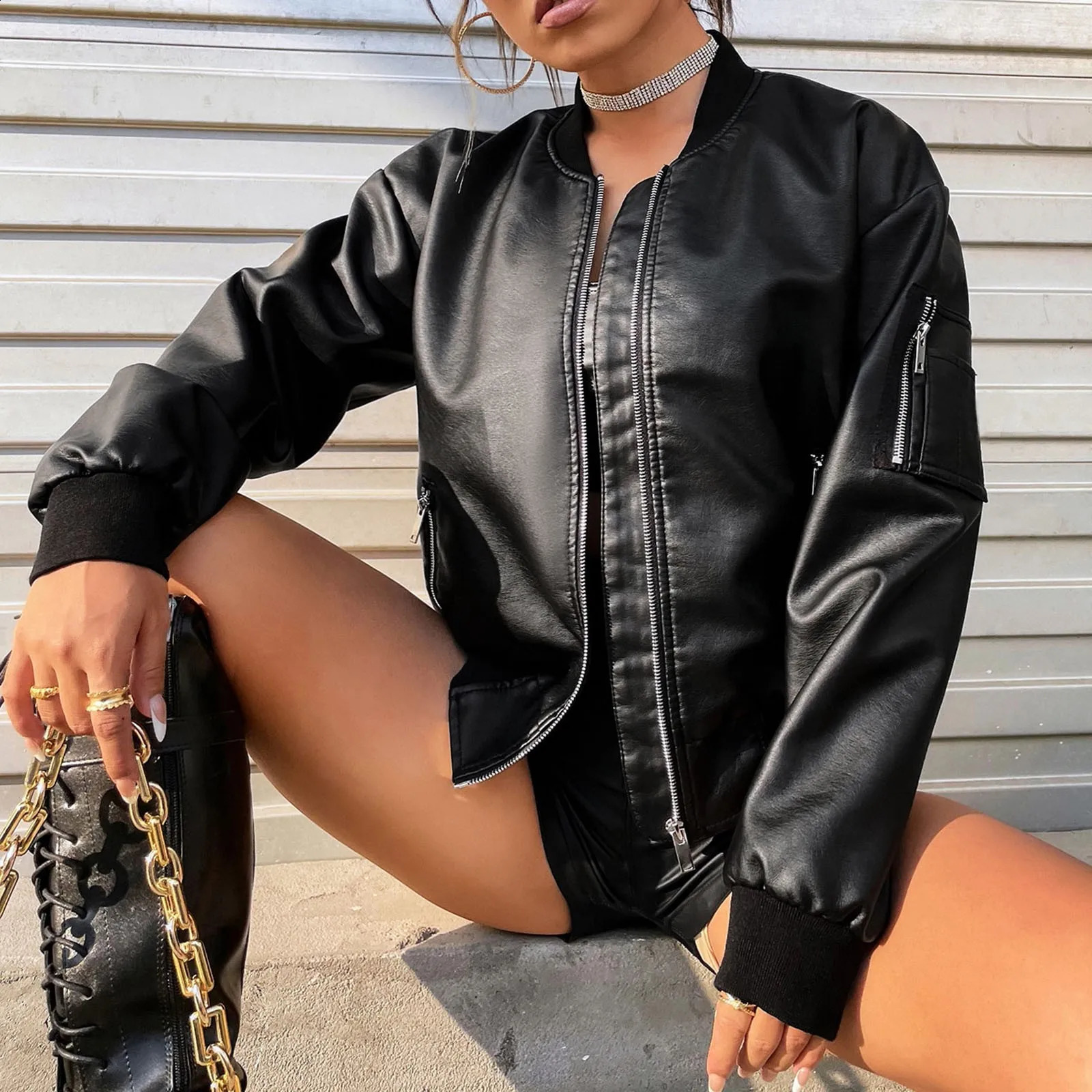 Leather jacket casual baseball motorcycle zipper winter and autumn bomber womens windproof 240814