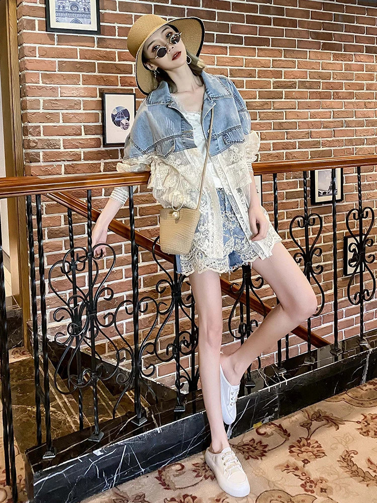Denim Patchwork Jacket For Women In The Summer Sun Proof Thin European Fashion Trend Womens Denim Jacket Swimwear 240814