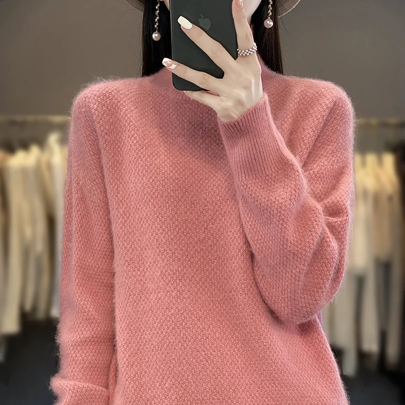 DjzDsm 100% mink cashmere fleece sweater autumnwinter half turtle neck loose wool thickest womens bottom 240814