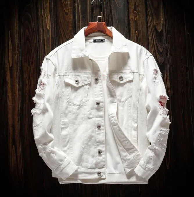 Mens Fashion Jacket Spring Autumn Cotton Denim Jacket Men Red White Black Pink Ripped Hole Jean Coats Male 240814