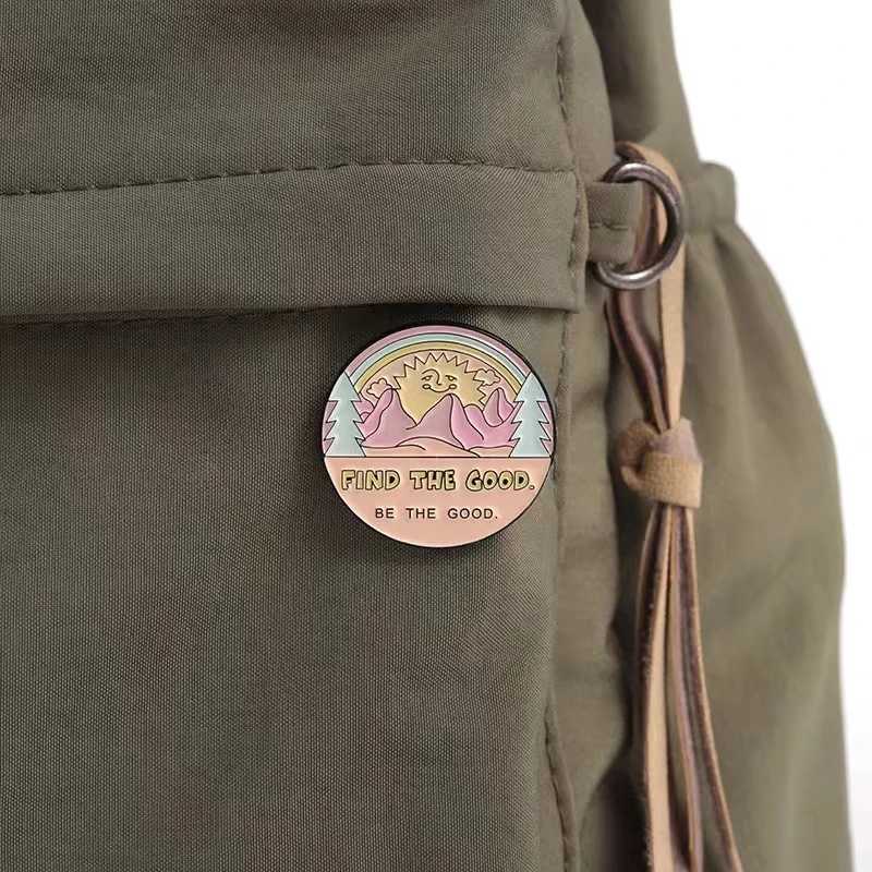 Cartoon circular landscape enamel badge sun mushroom mountain flower interesting English letters Alloy Brooch Versatile Jewelry W240815
