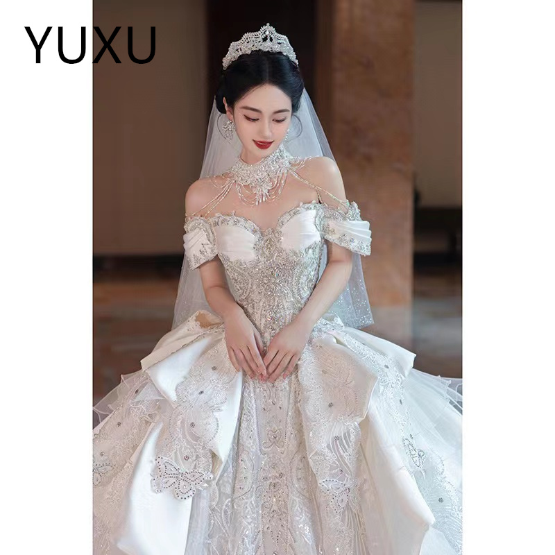 2024 Arabic Plus Size ball gown Wedding Dress Sheer Neck big sweep Train Bridal Gowns Dresses sequins Beading Sweep Train Long Sleeve Custom Made prin