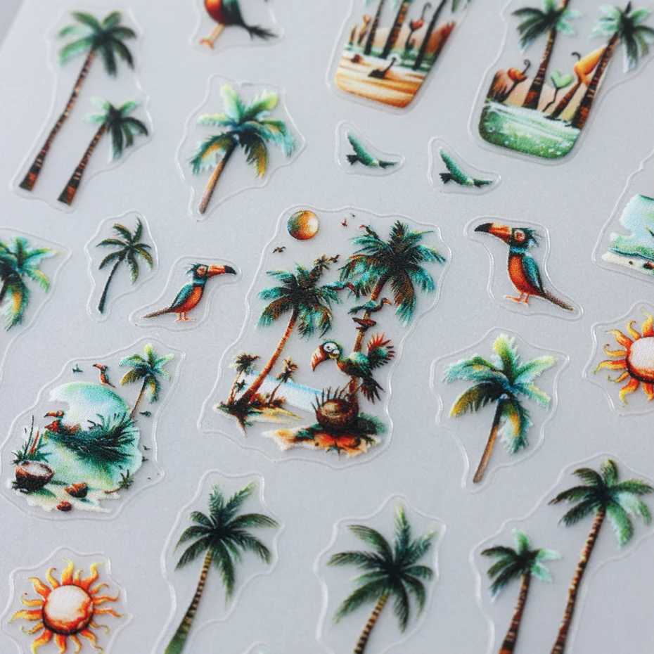 Green Coconut Tree Beach Nail Sticker Tropical Flamingo Flower Leaf Summer Nail Art Decals Adhesive Sliders Decorations ManicureXJ240814