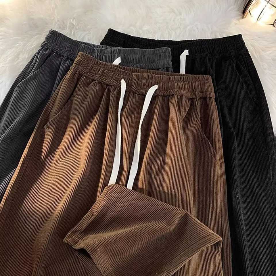 New autumn mens wide leg pants loose straight cylindrical Trouser elastic waist brushed full matching pantsW240725