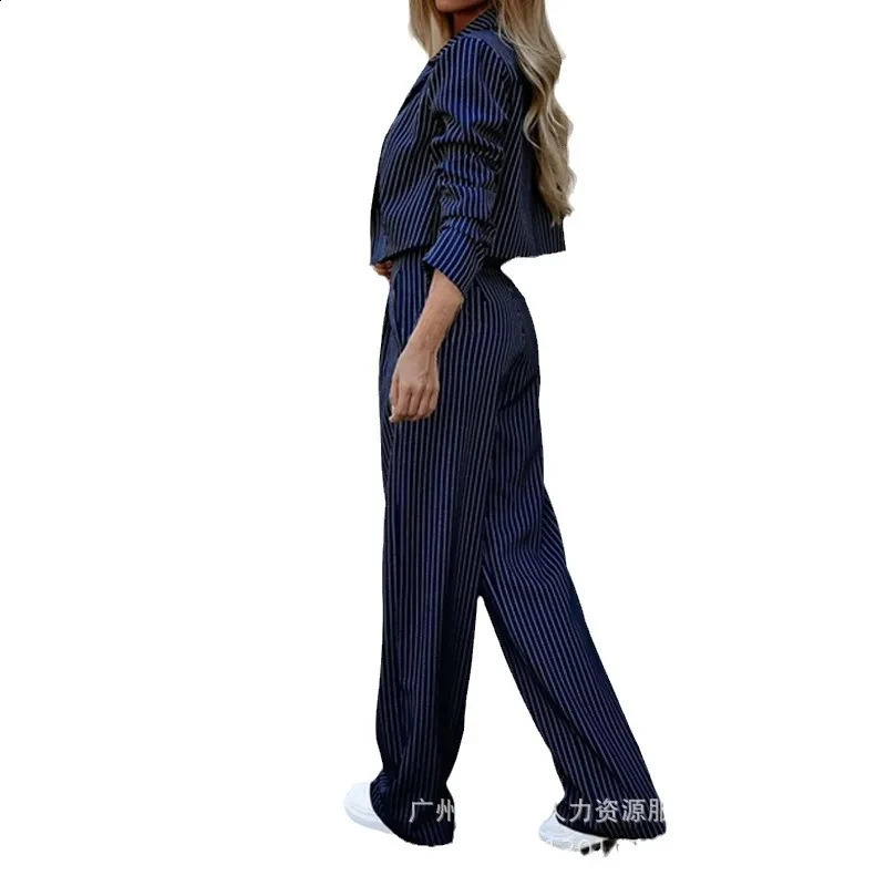 Womens twopiece long sleeved lapel with open collar loose and pocket striped office ladies 240809