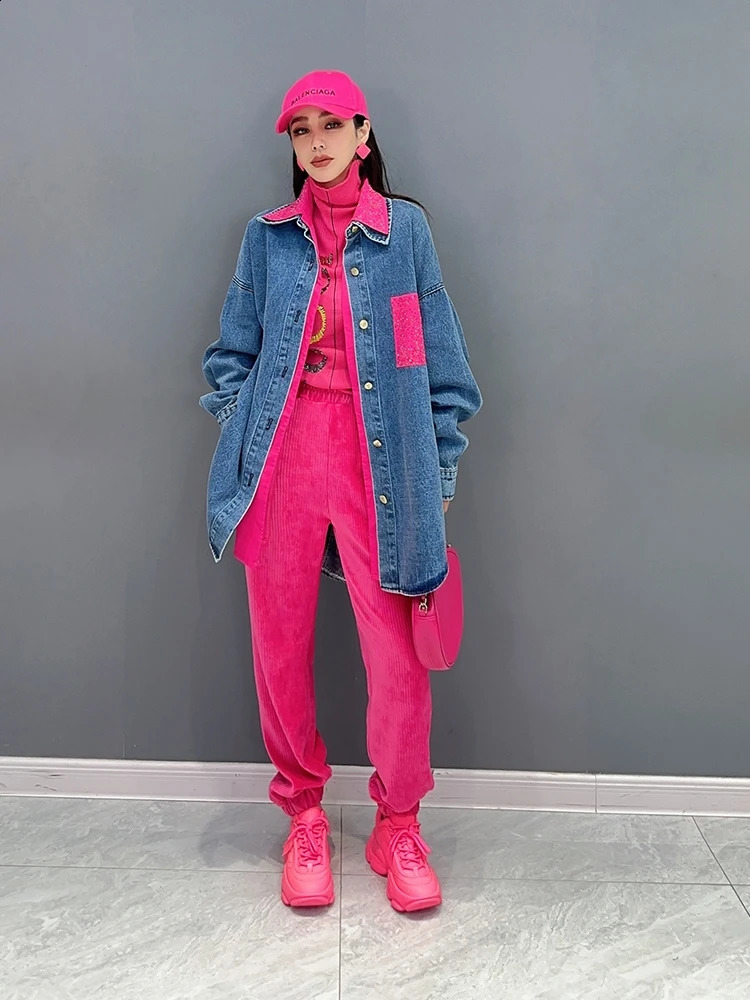 Vefadisa 2024 Autumn Green Women Patchwork Denim Jacket Lapel Long Sleeve Irregular Coat Temperament All Match Coat ZXY745A 240814