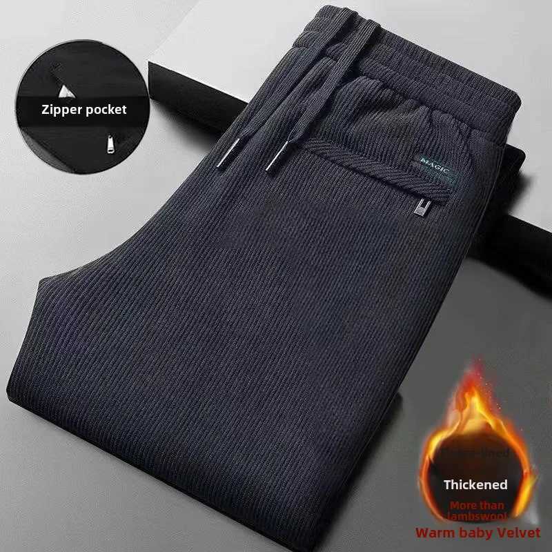 Winter mens Corduroy straight leg casual pants loose fit wool lining warm sports pants casual jacketW240725