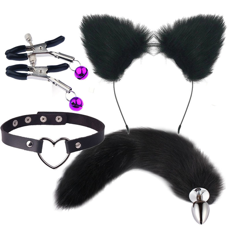 Fox Tail Anal Plug Sexy Plush Cat Ear Headband with Leather Necklace Set Massage Sex Toys Women Couples Cosplay Sexy Toys