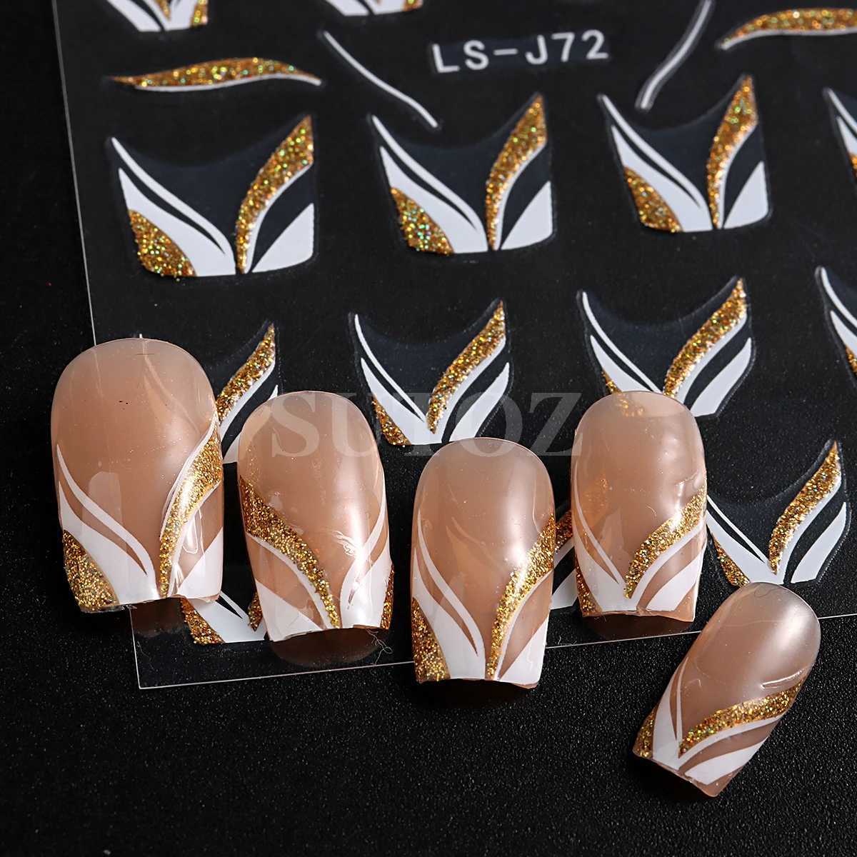 Gold Glitter French Design 3D Nail Stickers Curve Lines Swirls Wave Nails Art Sliders Reflective Flakes Decals Manicure LELS-J72XJ240814