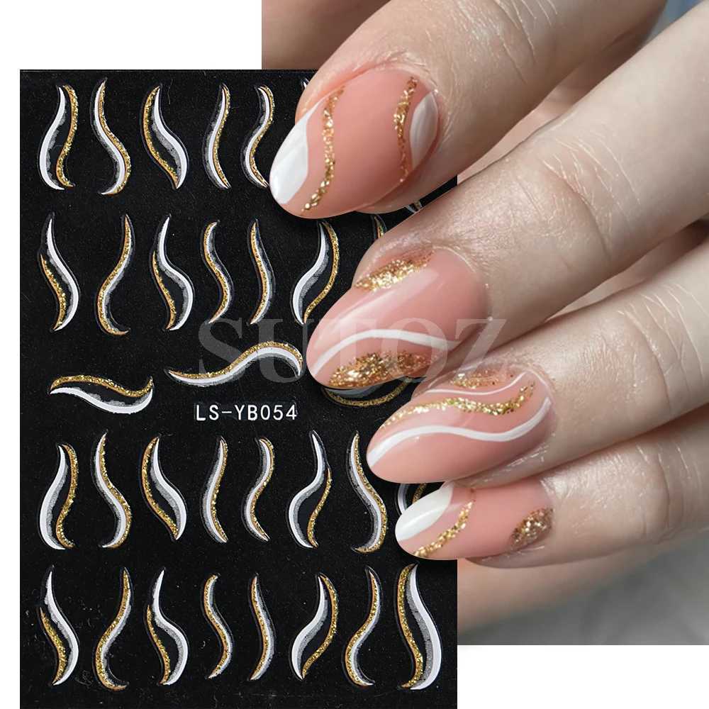 Gold Glitter French Design 3D Nail Stickers Curve Lines Swirls Wave Nails Art Sliders Reflective Flakes Decals Manicure LELS-J72XJ240814