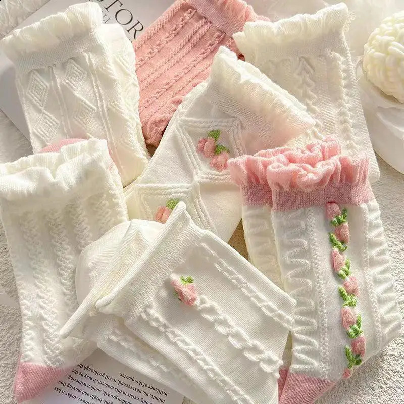 5 Pairs Lolita Japanese Woman Cute White Short Socks Set Spring Summer Sweet Ruffle Lovely Cotton Socks For Women 240815
