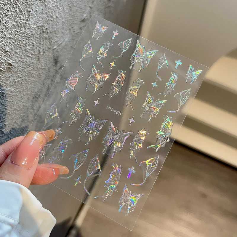1PCS 3D Laser Gold Silver Butterfly Nail Sticker Black White Love Stickers Nail Art Decoration Glitter Silver Flame Nail DecalXJ240814