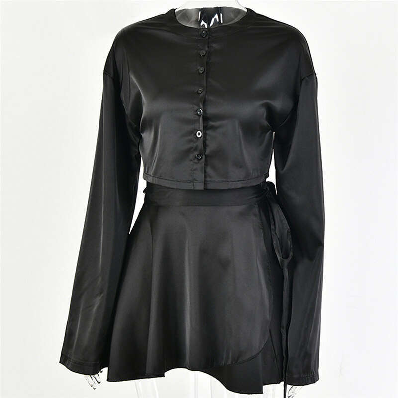 Elegant Solid Satin 2 Two Pcs Set Women Lantern Long Sleeve Crop Tops Cardigan Sexy High Waist Mini Tennis Sport Skirts New