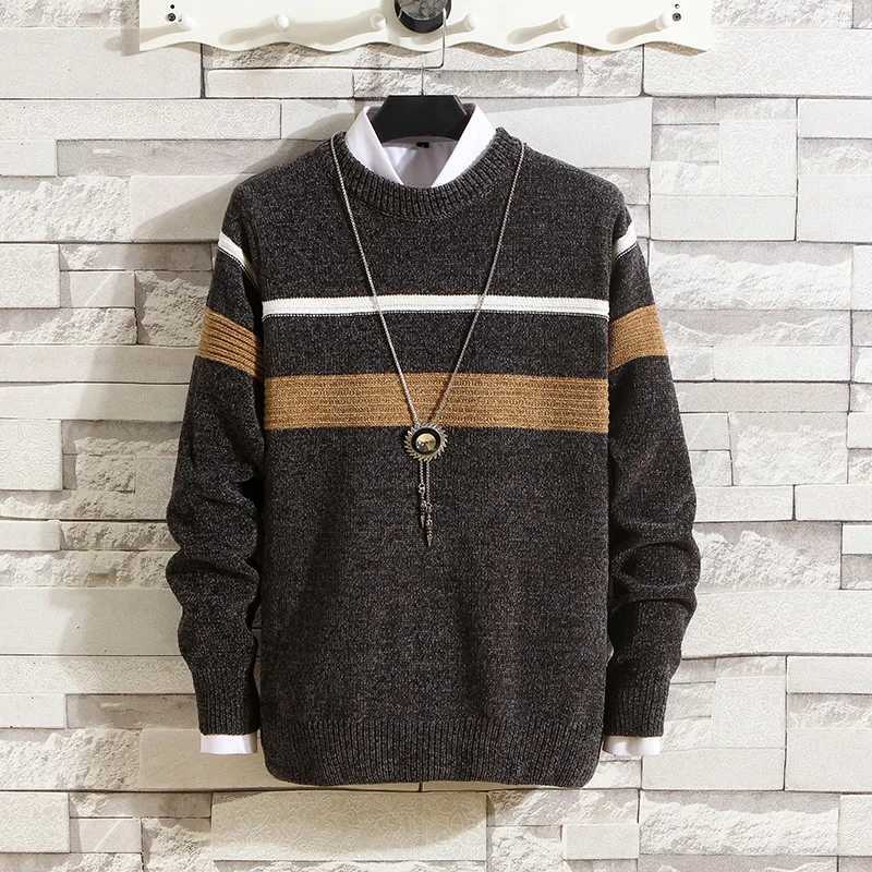 Autumn and Winter Sweaters Mens Round Neck Stripe Contrast Chenille Elastic Casual Versatile Solid Knit Pullover TopXJ240814