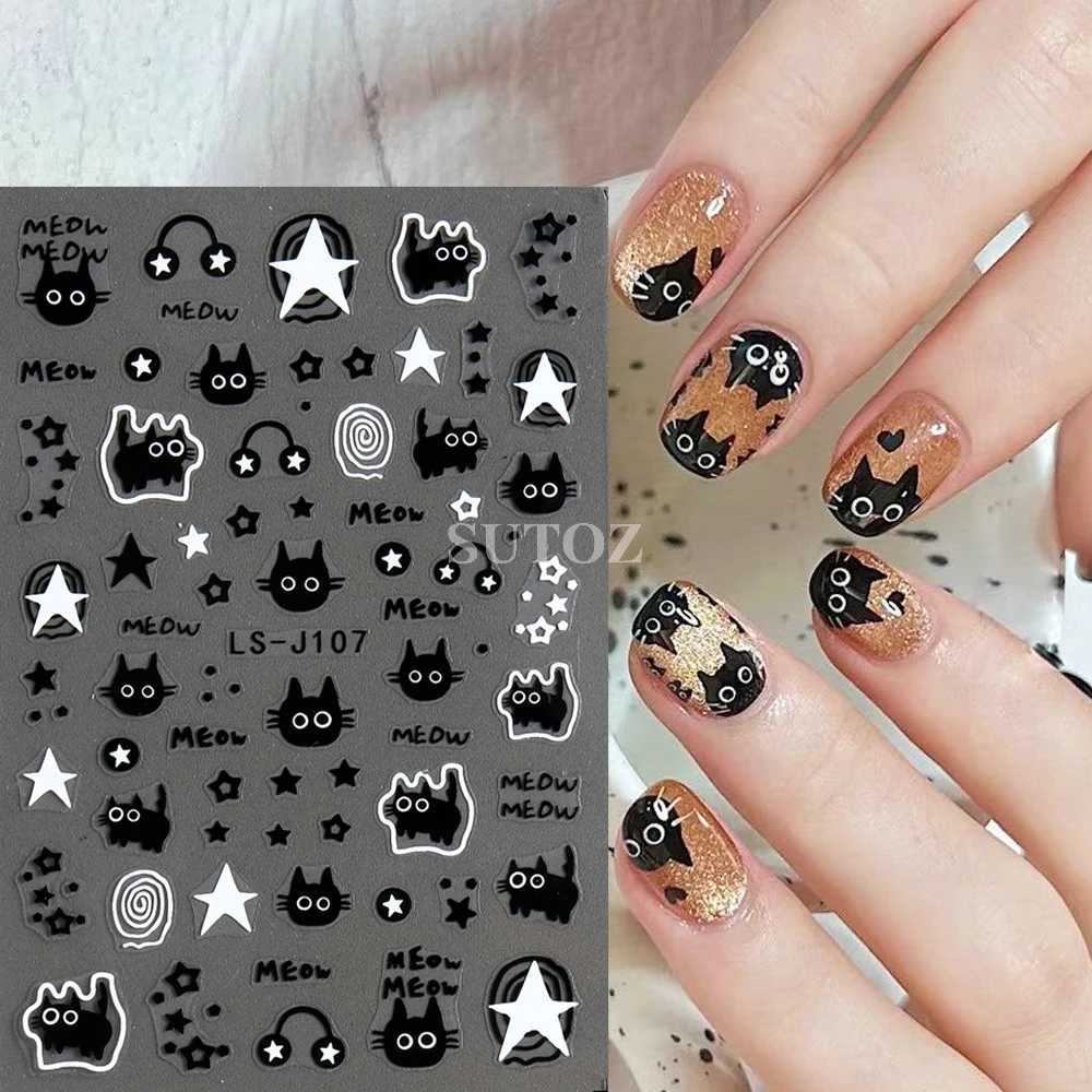 3D Black Cartoon Cute Cat Nail Stickers Cat Stars Letters Nail Sliders Y2K Korean Japanese Nail Art Manicure Decors NLLS-J107XJ240814