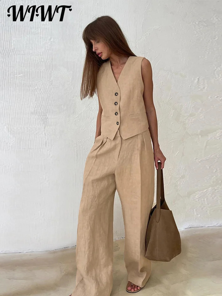 Elegant Cotton Linen Vest Pants Set Women Single Breasted V-neck Sleeveless Tank Top Wide Leg Trousers Summer Lady Outfits 240815