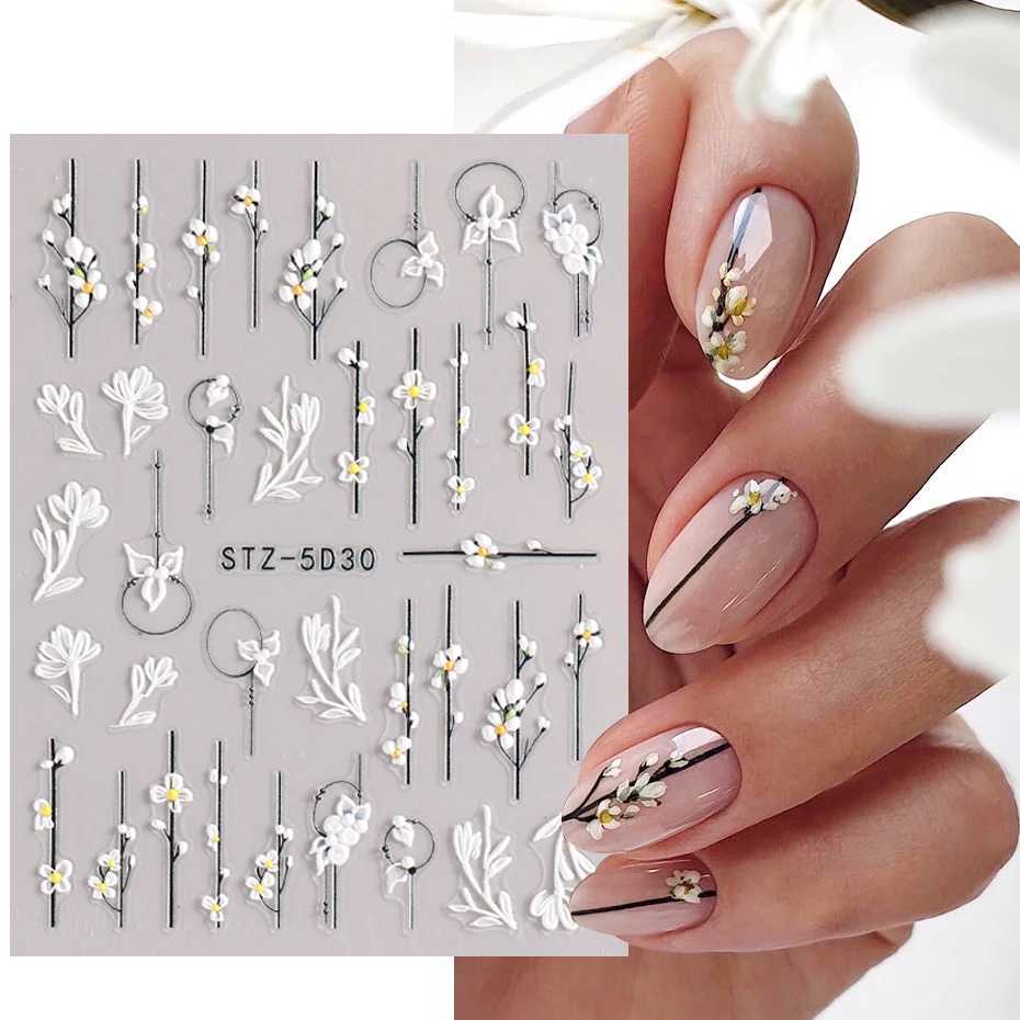 5D Acrylic Flowers Nail Stickers Decals White Lace Wedding Design Simple Floral Embossed Sliders DIY Nails Accesories LASTZ-5D33XJ240814