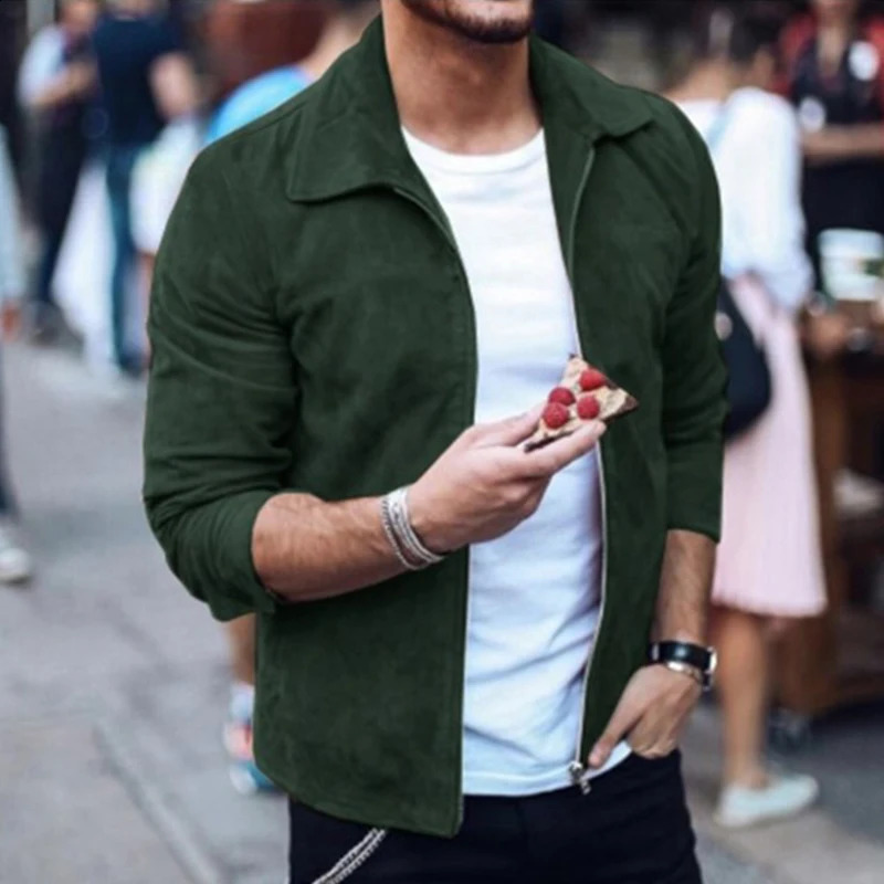 Autumn Fashion Suede Coats For Men Solid Turn-down Collar Zipper Tops Coats Winter Casual Long Sleeve Slim Men Jackets 240814