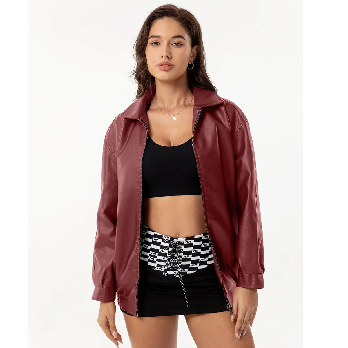 Womens Bomber Jacket Spring Autumn Leather Female Oversize Long Sleeved Lapel Casual Coats 241218