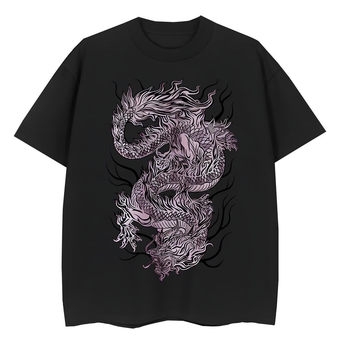 Popular Men Tshirts Street 230g 100% Cotton Anime Breathable Short Sleeve Black Purple Dragon T-Shirts for Men 2024 Designer Tops
