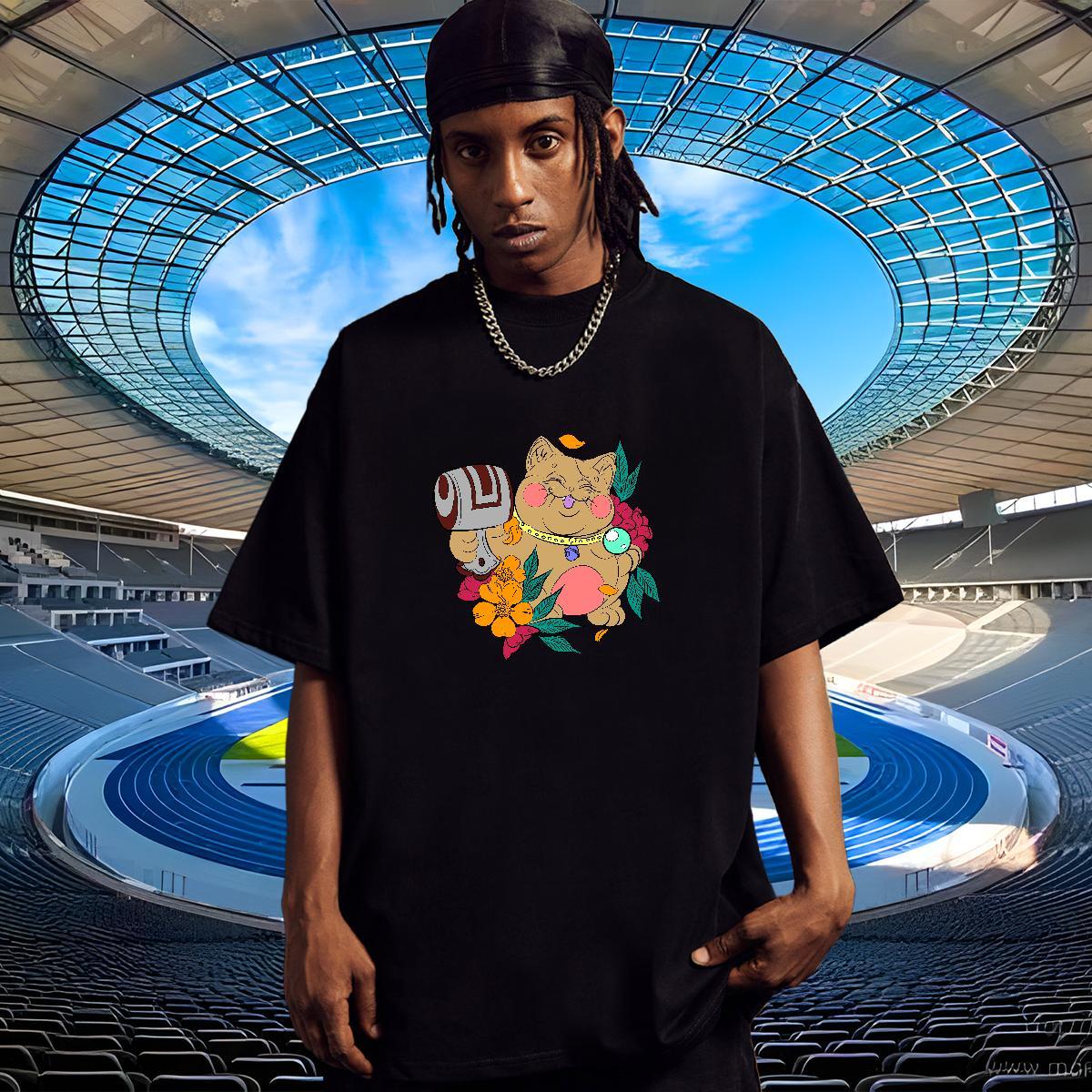 Popular T Shirts Men cat Breathable Short Sleeve Street Anime Print 230g Cotton Tshirts Classic Tees